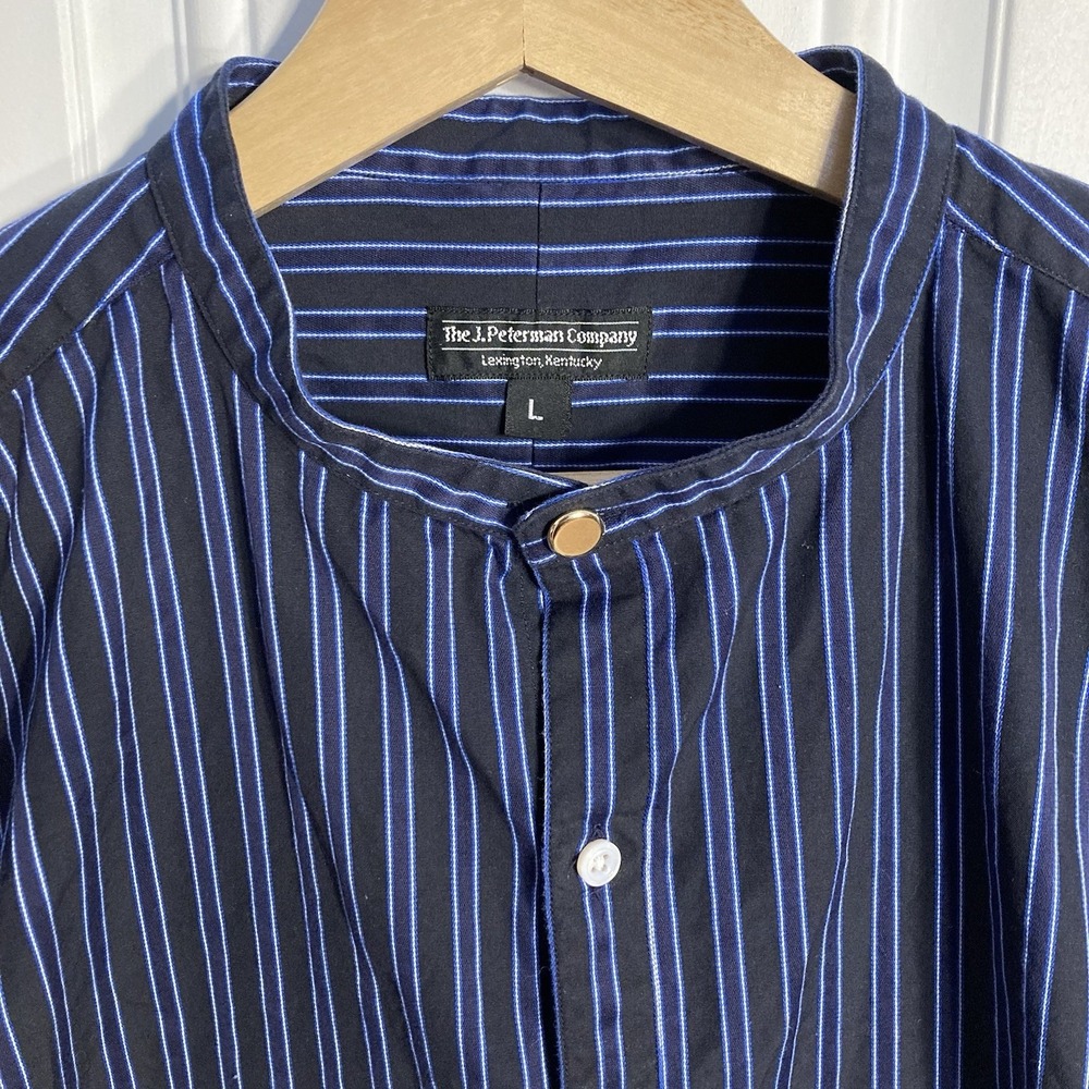 Vtg J Peterman Striped Band Collar Henley Button Poets Shirt Mens Large USA Made - Picture 2 of 9